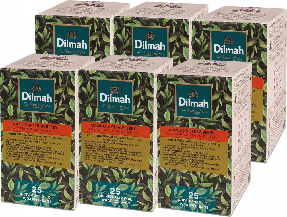 6x Herbata czarna aromatyzowana w kopertach Dilmah, mango i truskawka, 25 sztuk x 2g