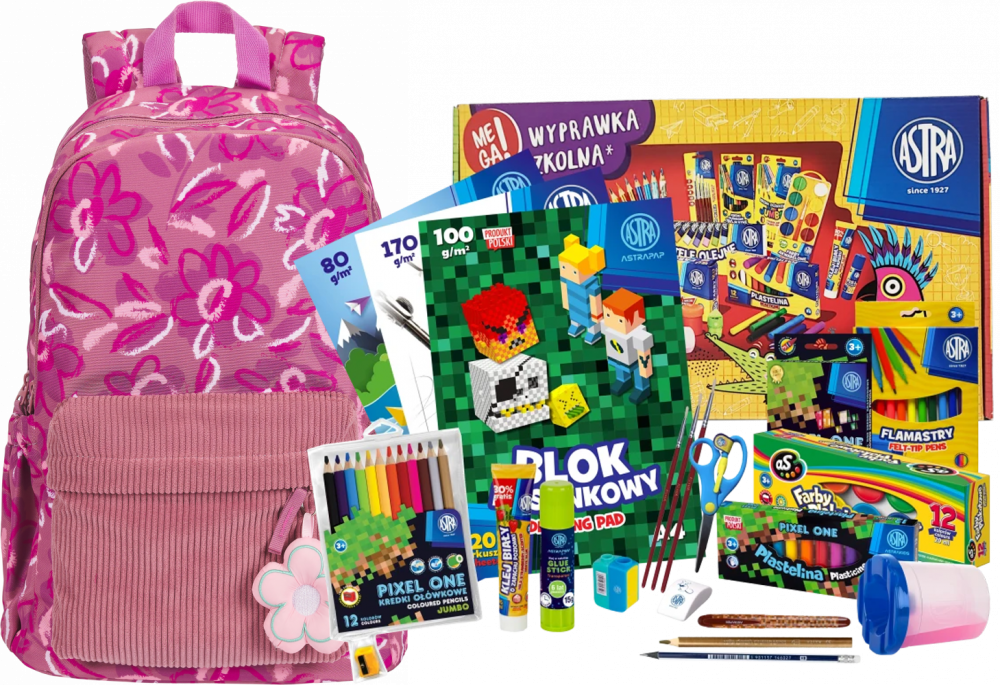 Zestaw: Plecak szkolny Oxford Bloom, ciemnoróżowy + Wyprawka szkolna dla klas 1-3 Astra Pixel One (L), 21 elementów