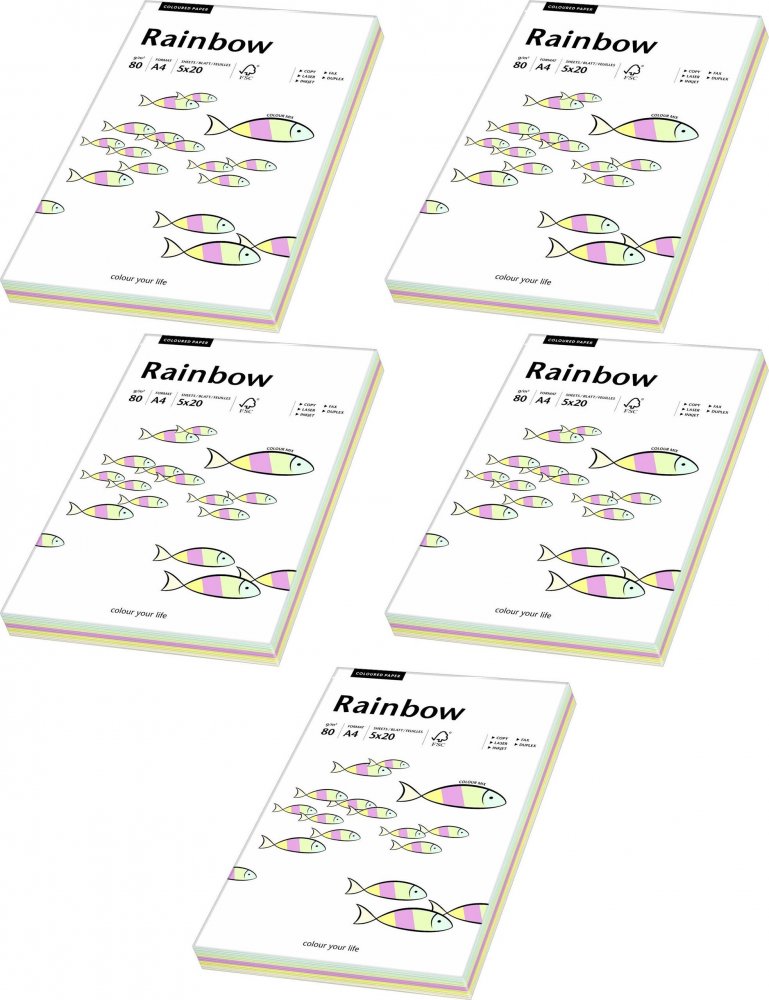 5x Papier kolorowy Rainbow, A4, 80g/m2, 100 arkuszy, mix kolorów pastelowych