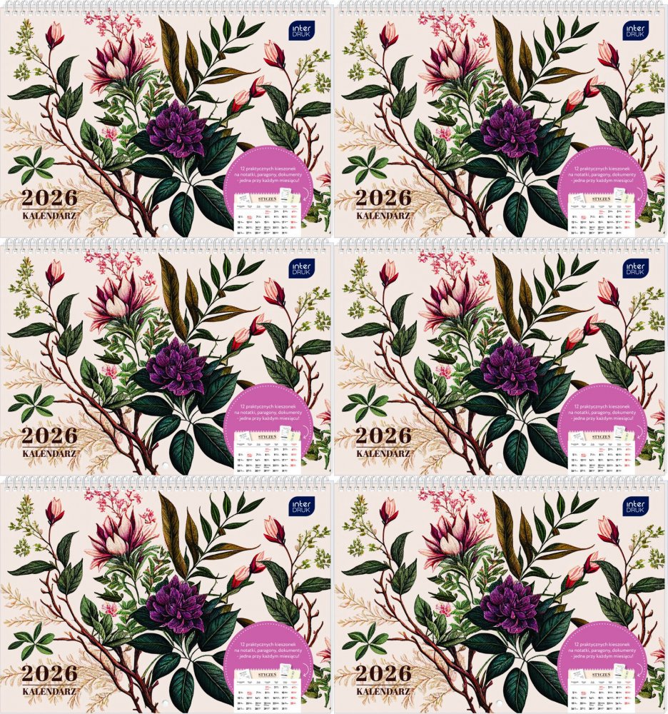 6x Kalendarz ścienny 2026, Interdruk, z kieszonką, 25x17.5cm, miesięczny, Kwiaty