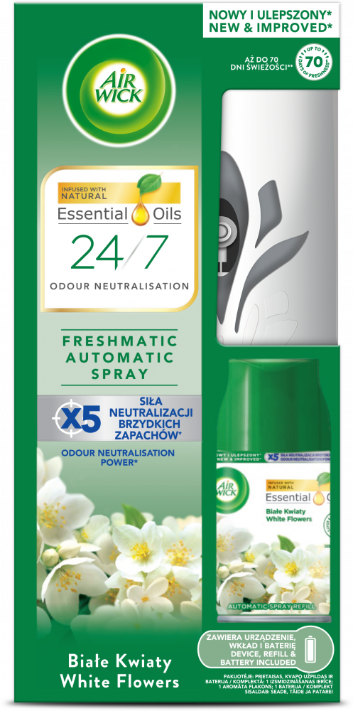 Odświeżacz automatyczny Air Wick Freshmatic, wkład + urządzenie, Białe Kwiaty, 250ml