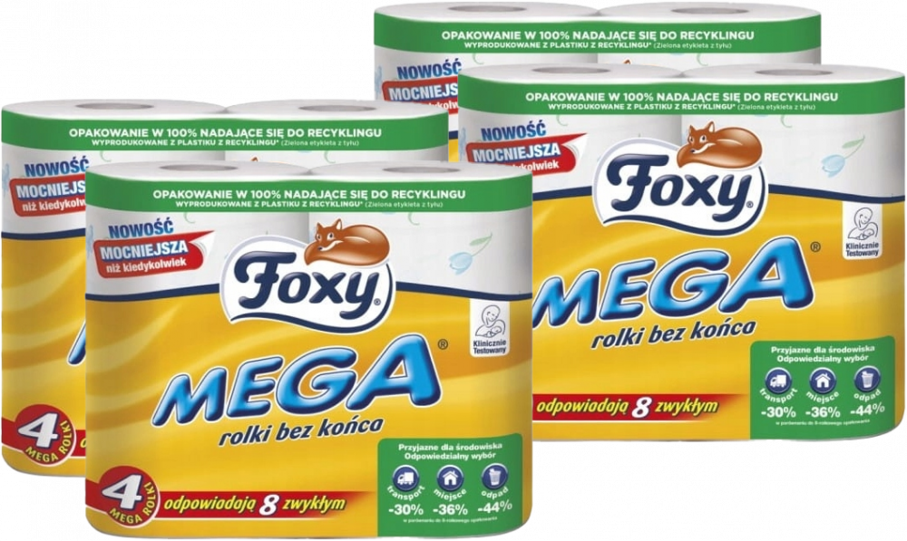 4x Papier toaletowy Foxy Mega, 3-warstwowy, 4 rolki, biały