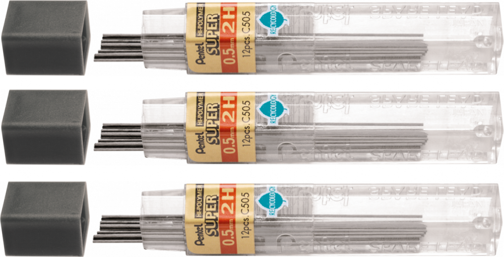 3x grafity ołówkowe Pentel, 0.5 mm, 2H