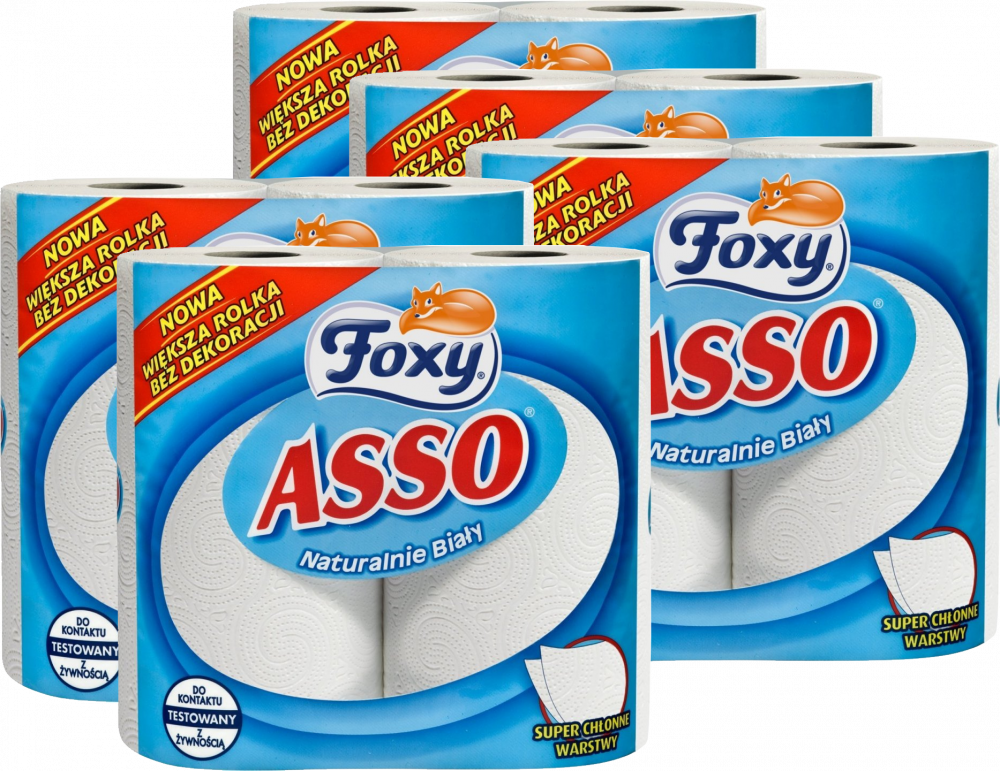 5x Ręcznik papierowy kuchenny Foxy Asso, 2-warstwowy, w roli, 2 rolki, biały