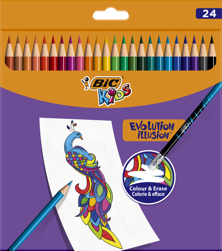 Kredki ołówkowe BIC Kids Evolution Illusion, wymazywalne, 24 sztuki, mix kolorów
