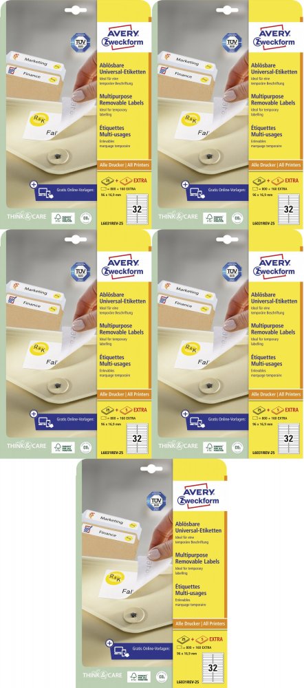 5x Etykiety samoprzylepne usuwalne Avery Zweckform, 96x16.9mm, 25 arkuszy + 5 gratis, , biały