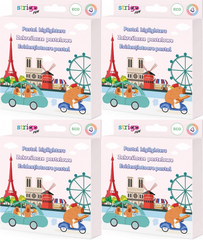 4x Zakreślacze Strigo Capybara Eko, ścięta, 1-5mm, 4 sztuki, mix kolorów pastelowych