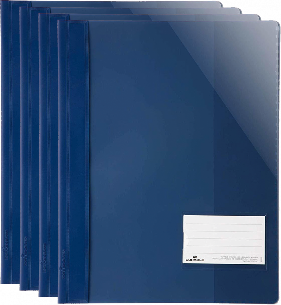 4x Skoroszyt plastikowy Durable, A4+, z okienkiem, do 200 kartek, przezroczysty/granatowy