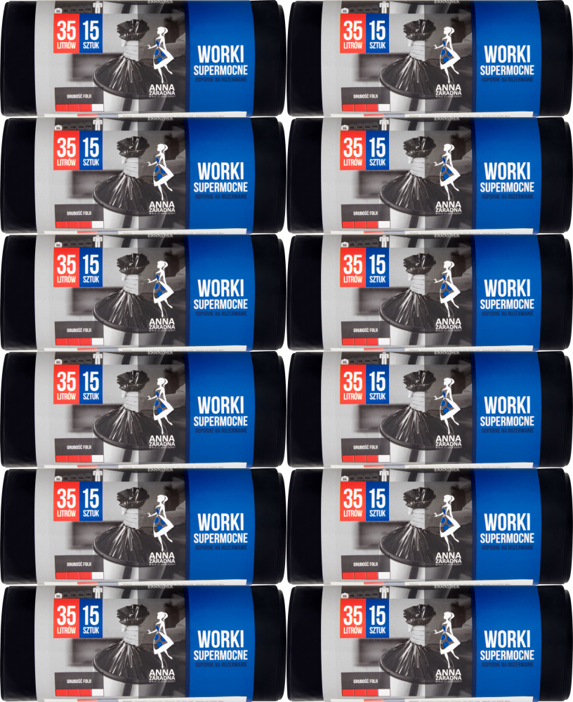 12x Worki na śmieci Anna Zaradna, supermocne, na odpady zmieszane, 35l, 15 sztuk, czarny