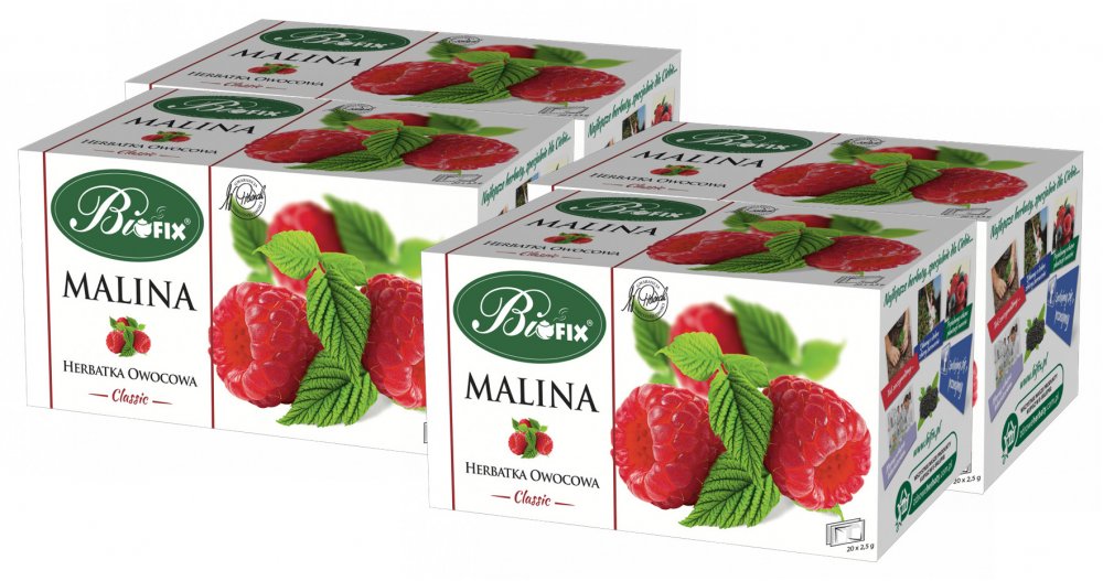 4x herbata owocowa w torebkach BiFix Classic, malina, 20 sztuk x 2.5g