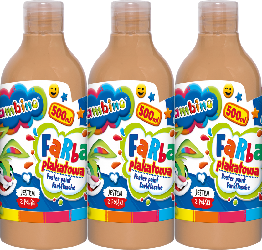 3x Farba plakatowa Bambino Zwierzaki Uczniaki, w butelce, 500ml, cielisty