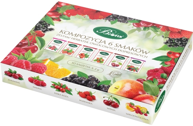 Zestaw herbat owocowych w kopertach BiFix Kompozycja 6 smaków, 30 sztuk x 2g