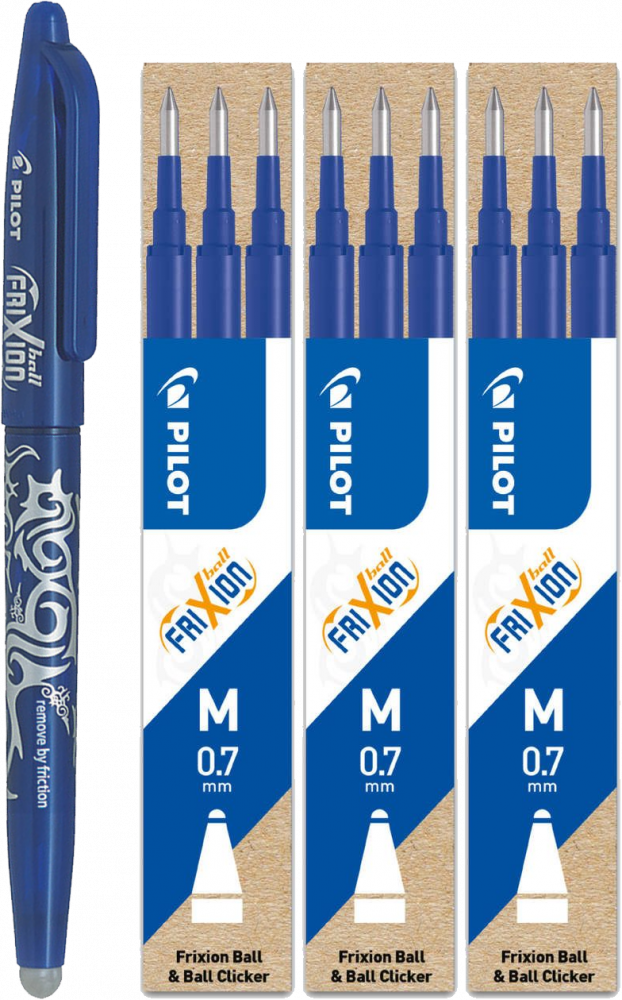 Zestaw: Pióro kulkowe wymazywalne Pilot Frixion Ball, 0.7mm, niebieski + 3x Wkład do wymazywalnego pióra kulkowego Pilot, Frixion, 0.7mm, 3 sztuki, 