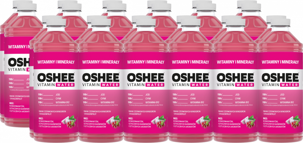 24x Napój niegazowany Oshee Vitamin Water witaminy i minerały, winogrono i dragonfruit, butelka PET, 0.555l