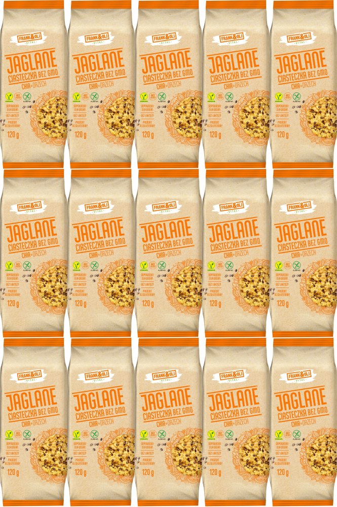 15x Ciasteczka jaglane Frank&Oli, bez GMO, z orzechami i nasionami chia, 120g
