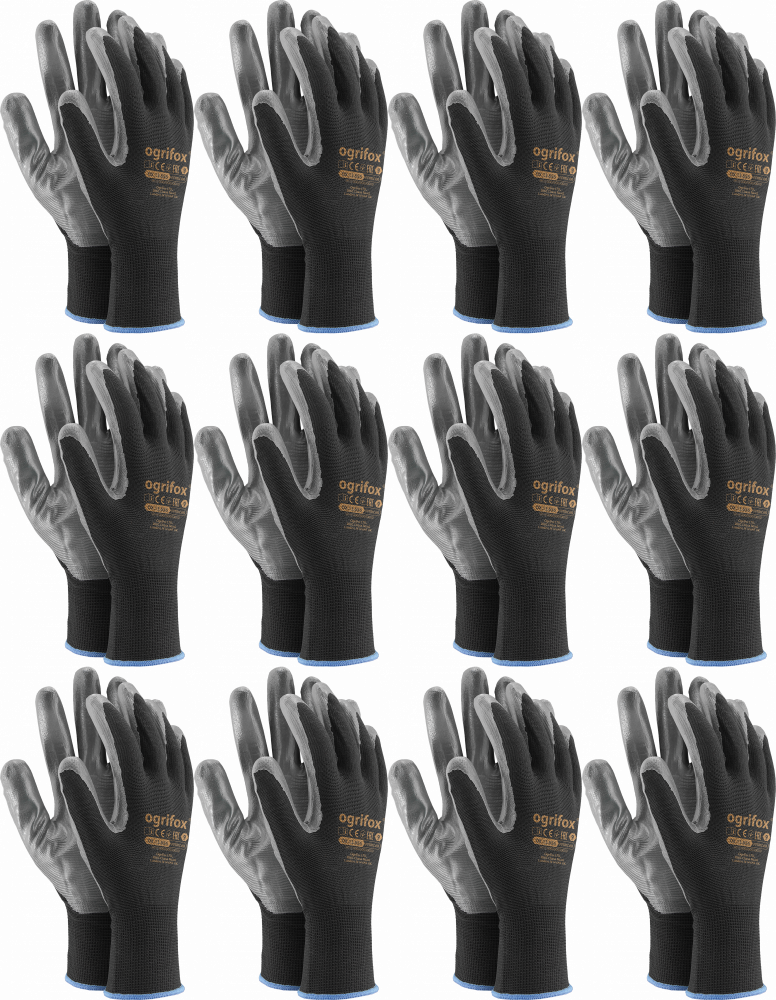 12x Rękawice robocze Ogrifox OX-NITRICAR BS, powlekane, rozmiar 10, czarno-szary