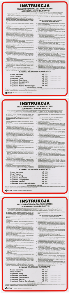 3x Tabliczka informacyjna Anro, "Instrukcja przeciwpożarowa dla pomieszczeń administracyjno-biurowych"