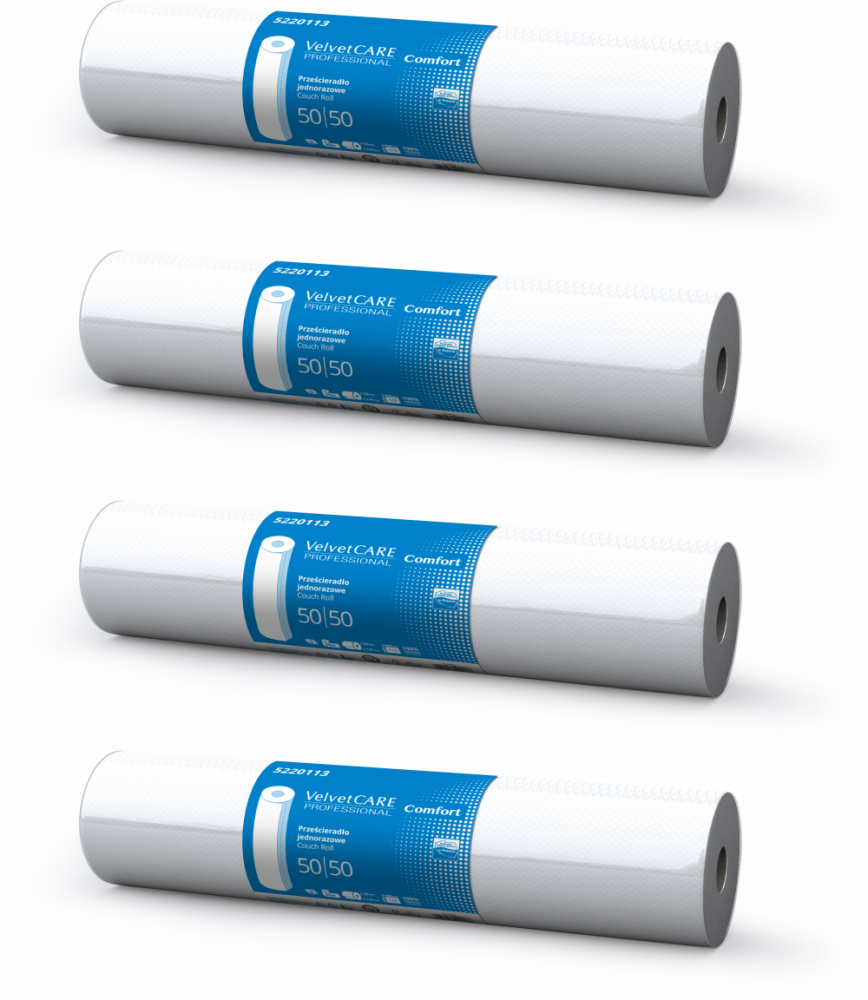 4x Prześcieradło papierowe VelvetCARE Professional Comfort, 2-warstwowe, 50cm x 50m, 1 rolka, biały