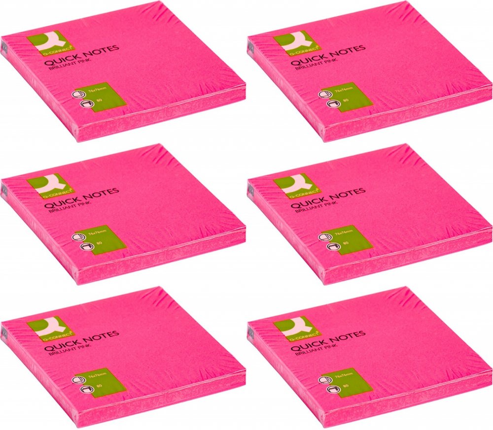 6x Karteczki samoprzylepne Q-connect Brilliant, 76x76mm, 80 karteczek, różowy neonowy