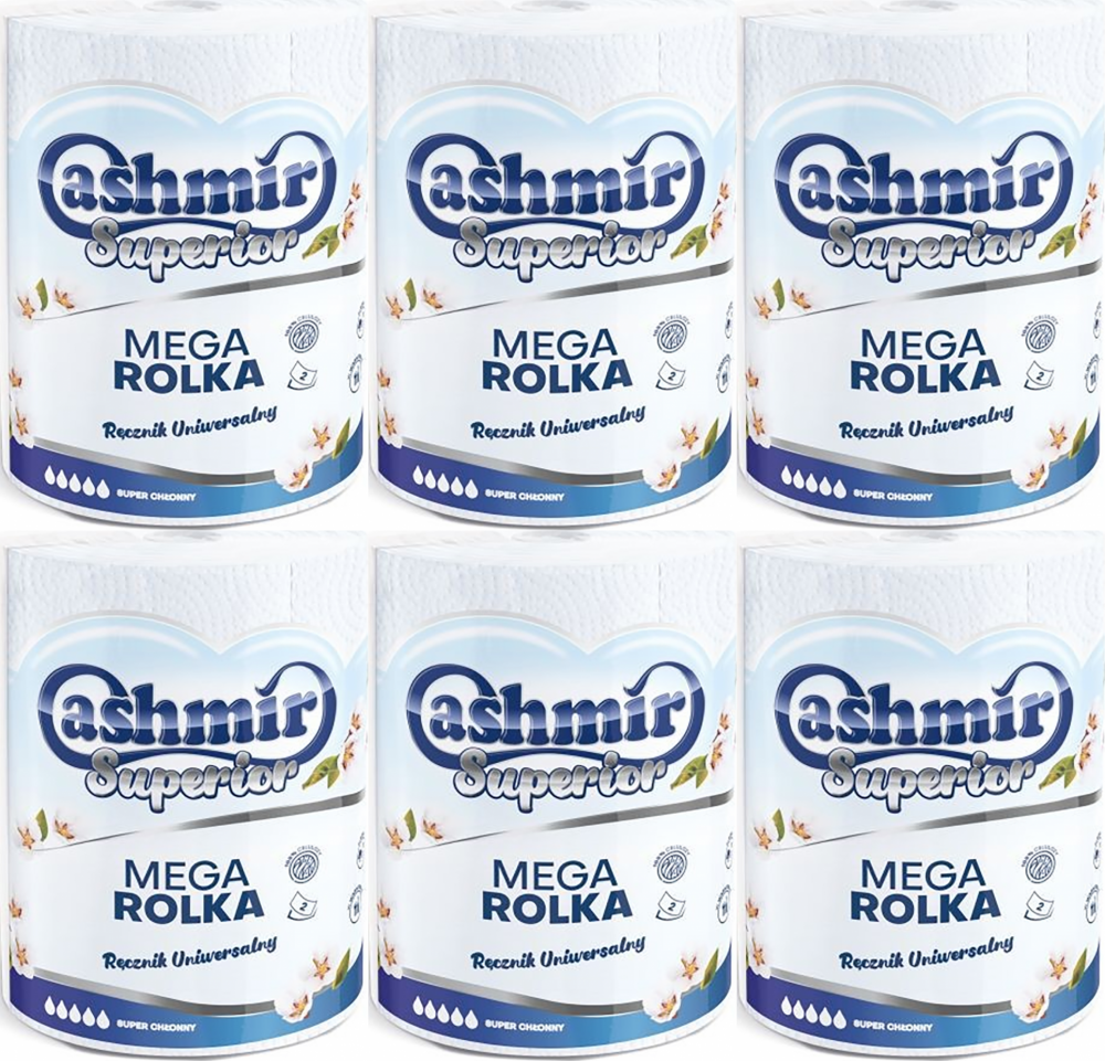 6x Ręcznik papierowy Cashmir Mega, 2-warstwowy, w roli, 1 rolka, biały
