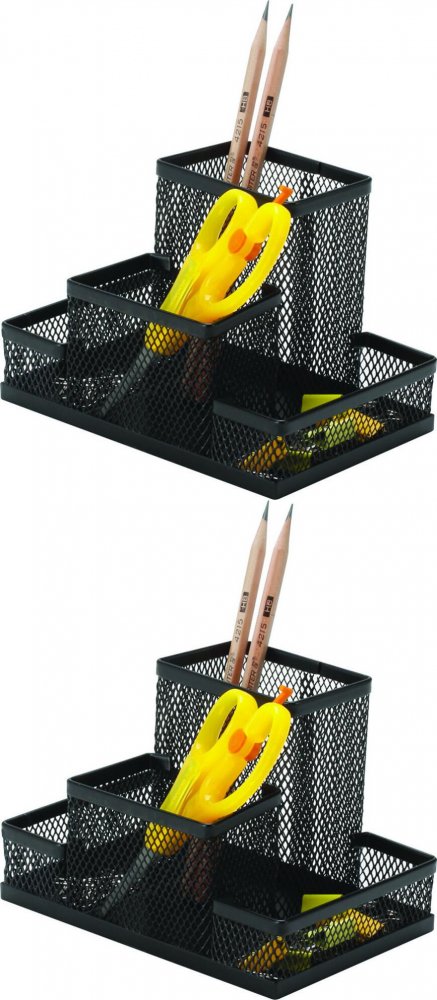 2x Przybornik na biurko Q-Connect Office Set, bez wyposażenia, metalowy (druciany), 4 przegrody, 153x103x100mm, czarny