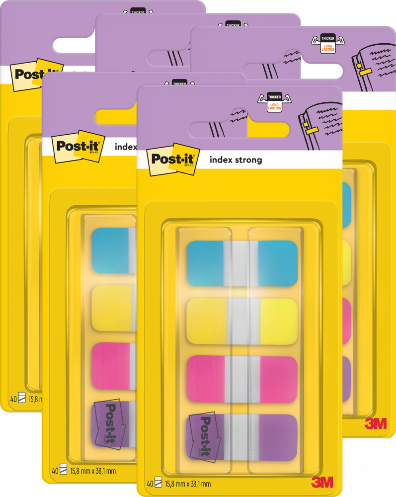 5x Zakładki samoprzylepne Post-it (676-AYPV), proste, indeksujące, PP, silne, 16x38mm, 4x10 sztuk, mix kolorów