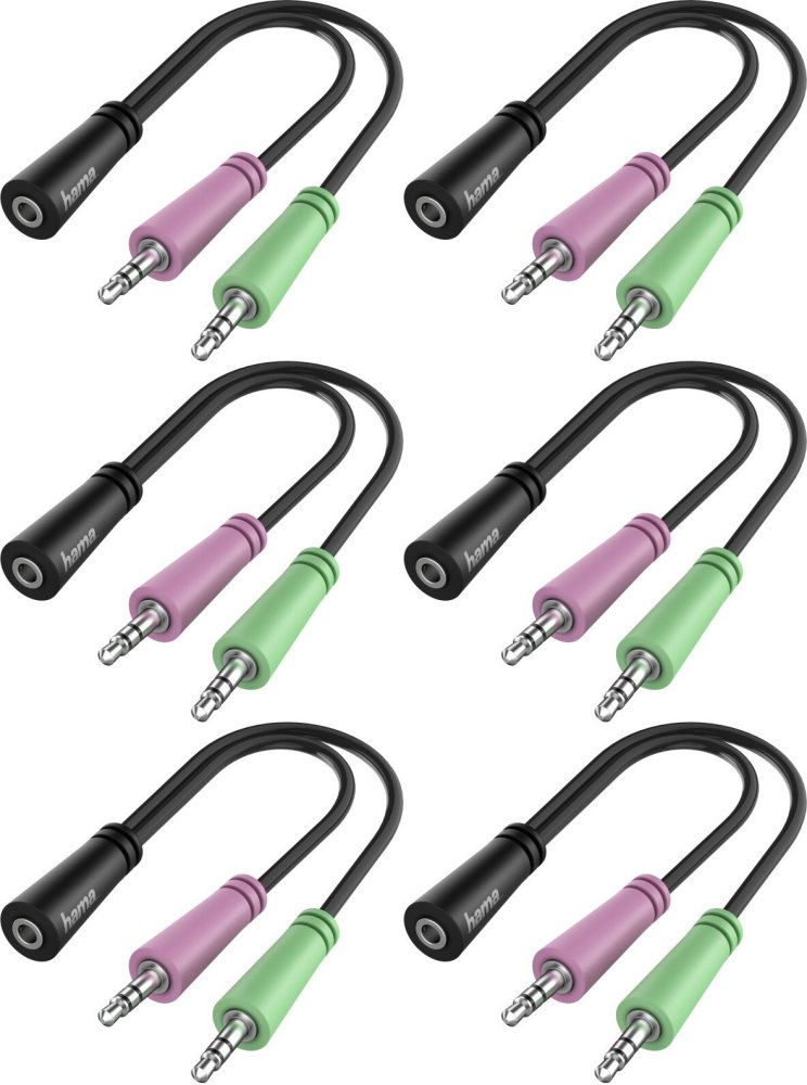 6x Adapter Hama Jack 3.5mm 4 piny - 2x Jack 3.5mm gniazdo, 15cm, czarny