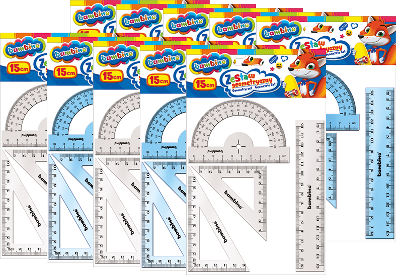 10x Zestaw geometryczny Bambino Zwierzaki Uczniaki, 4 elementy (w tym linijka 15cm), mix kolorów