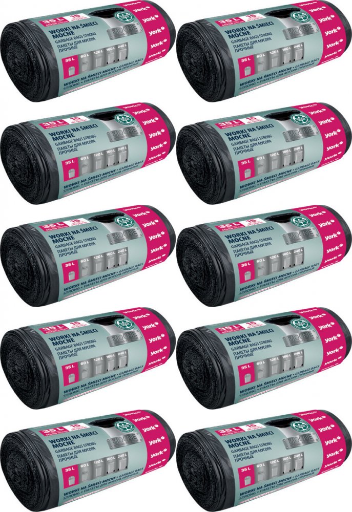 10x Worki na śmieci York Mocne, na odpady zmieszane, 35l, 15 sztuk, czarny