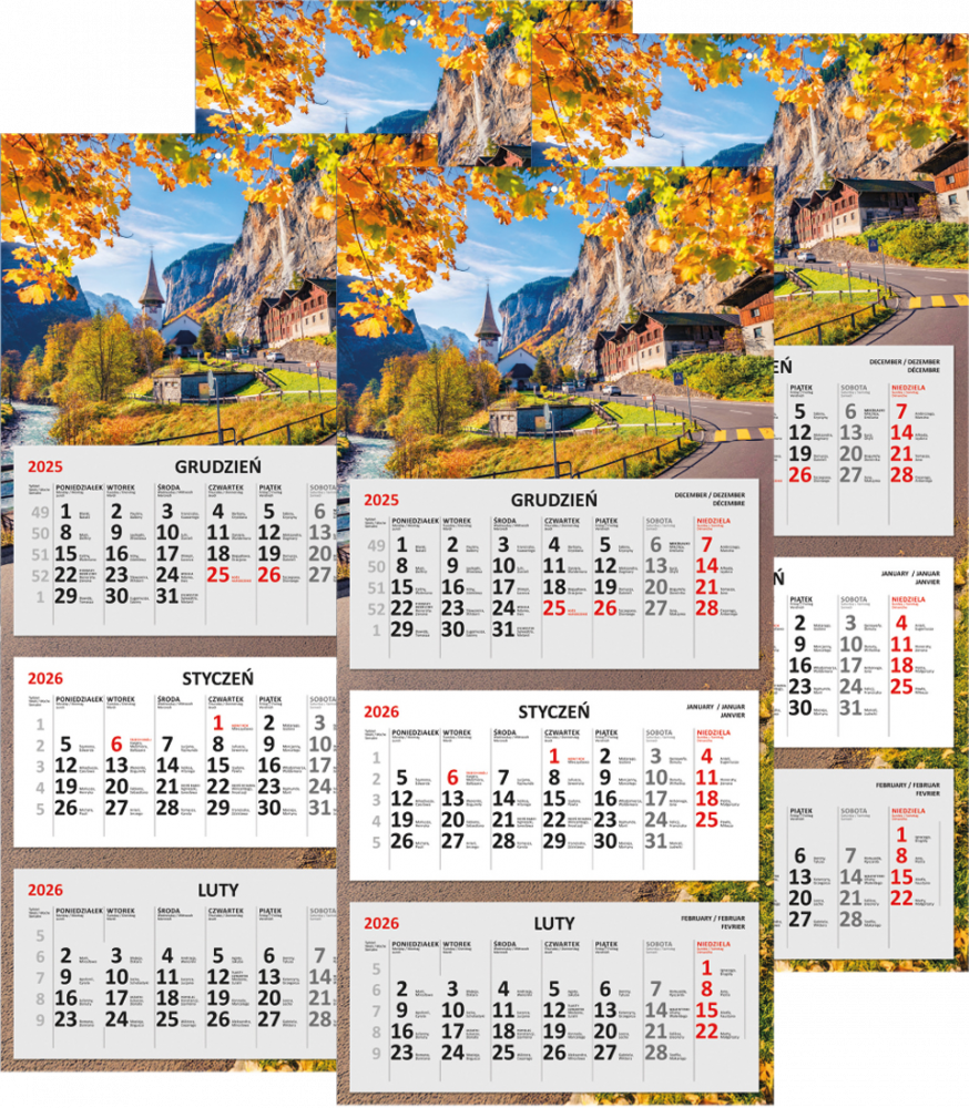 4x Kalendarz ścienny Udziałowiec 2026, 310x680mm, trójdzielny płaski, widok