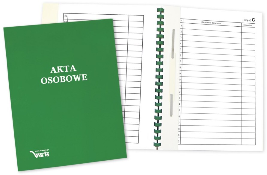 Teczka do akt osobowych Warta, A4, z bindą wewnętrzną, niezadrukowana, ABCDE, zielony