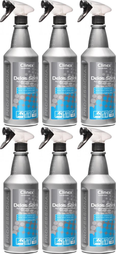 6x Płyn do pielęgnacji mebli Clinex Delos Shine, z rozpylaczem, 1l