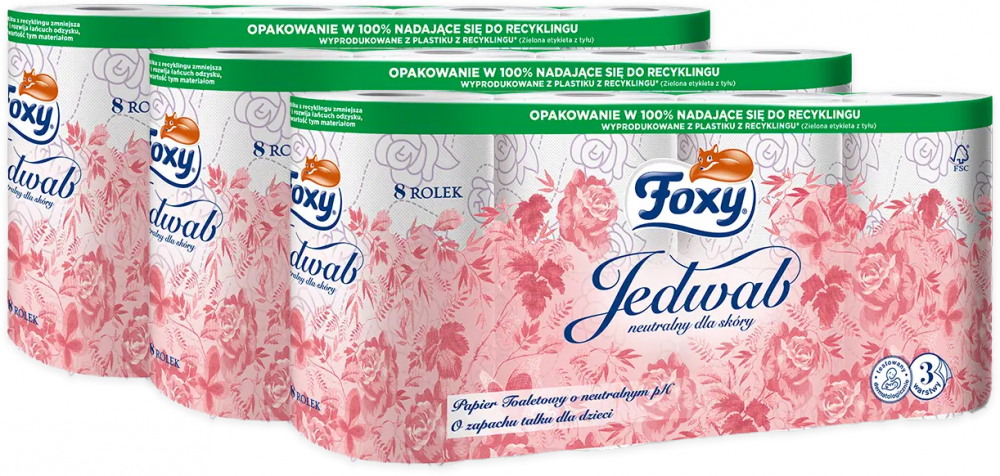 3x Papier toaletowy Foxy Jedwab, 3-warstwowy, 8 rolek, biały