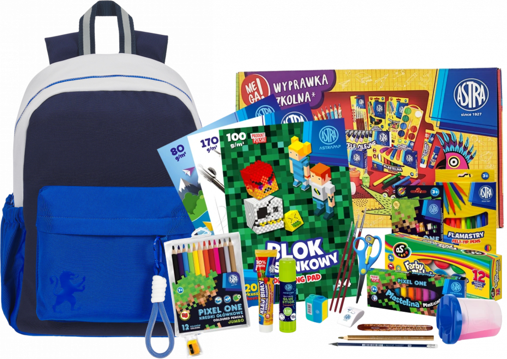 Zestaw: Plecak szkolny Oxford Funky, niebiesko-granatowy + Wyprawka szkolna dla klas 1-3 Astra Pixel One (L), 21 elementów