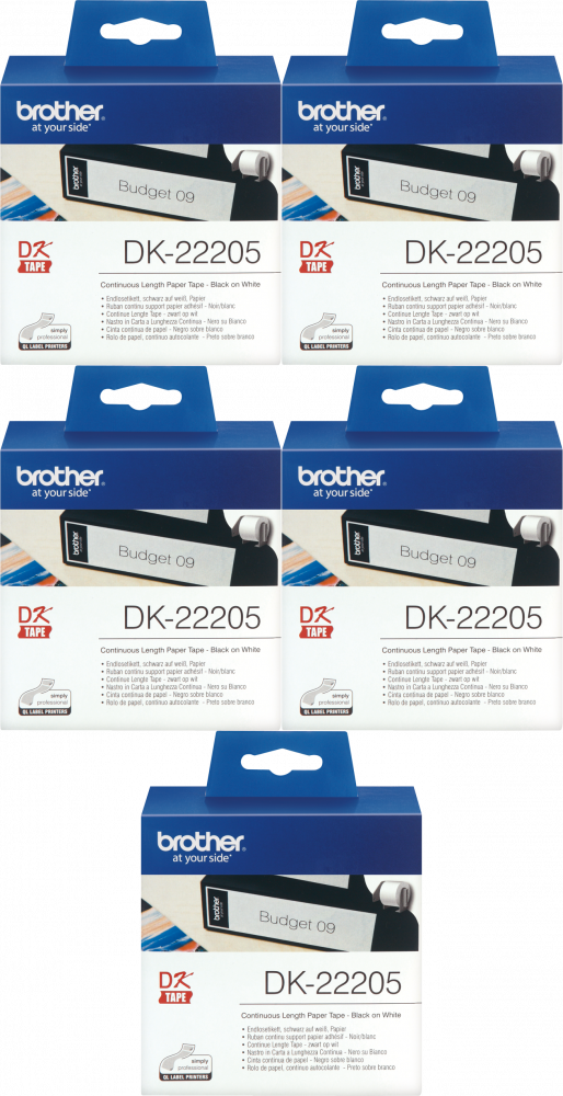 5x Taśma papierowa do drukarek etykiet Brother DK 22205, 62mmx30.48m, nadruk czarny, taśma biała