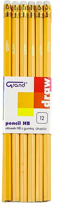 Ołówek Grand, lakierowany, HB, 12 sztuk, z gumką, żółty