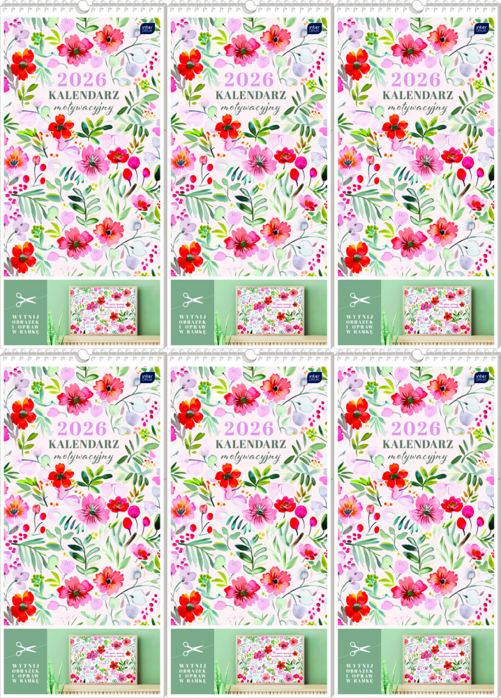 6x Kalendarz ścienny 2026, Interdruk, 22x46cm, miesięczny, Kwiaty