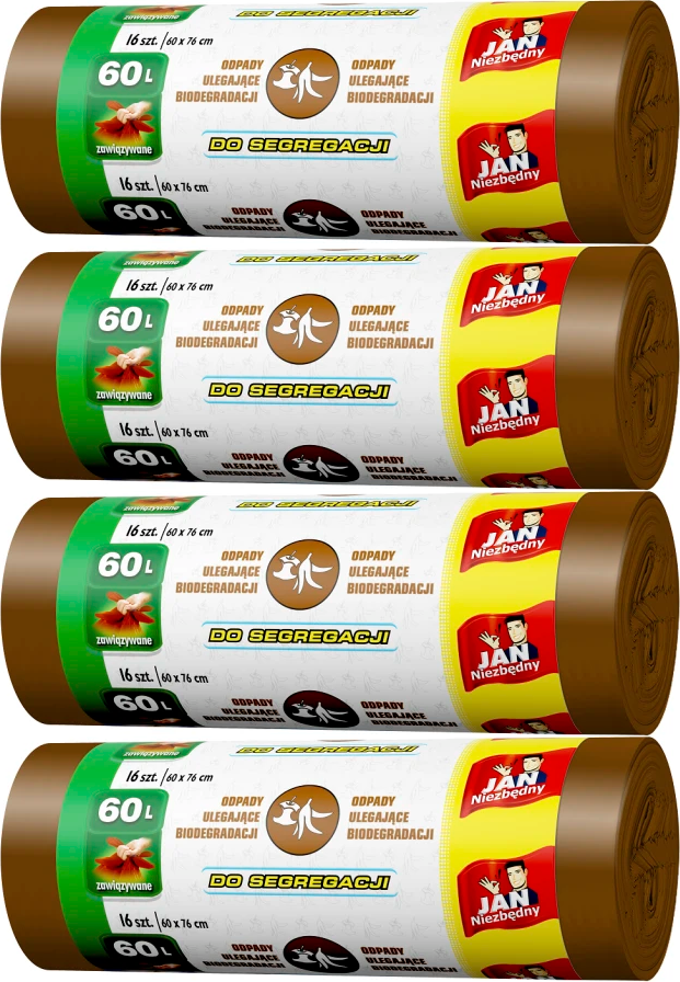 4x Worki na śmieci Jan Niezbędny, na odpady BIO, 60l, 16 sztuk, brązowy