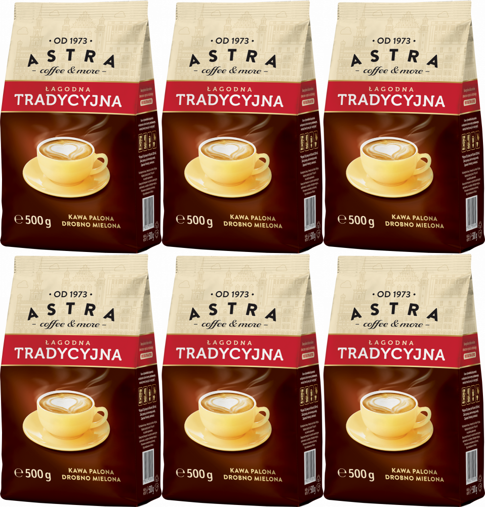 6x Kawa mielona Astra Łagodna Tradycyjna, drobno mielona, 500g