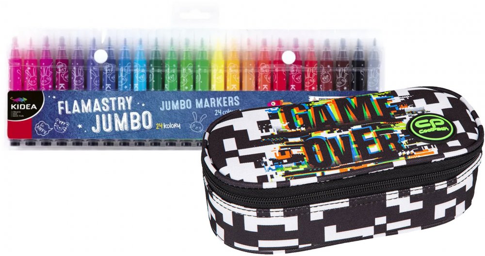 Zestaw: Flamastry Kidea Jumbo, 24 sztuk + Piórnik saszetka CoolPack Campus Game Over