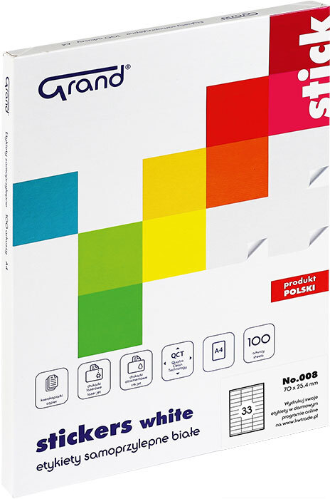 Etykiety samoprzylepne Grand No.008, 70x25.4mm, 100 arkuszy, biały