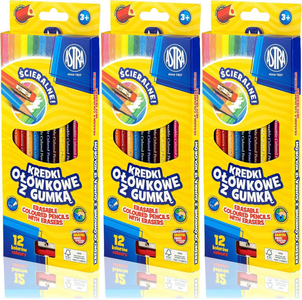 3x Kredki ołówkowe ścieralne Astra, trójkątne, z gumką, 12 sztuk + temperówka, mix kolorów