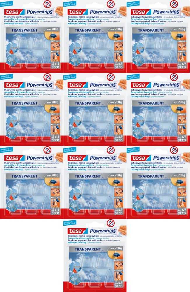 10x Haczyki samoprzylepne tesa Powerstrips Deco, 5 sztuk + plastry 8 sztuk, transparentny