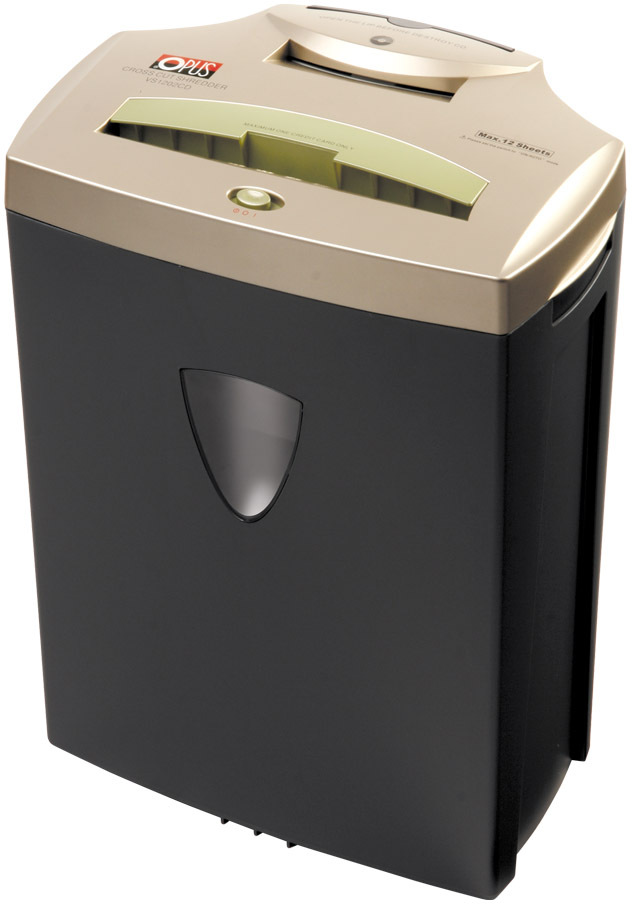 Niszczarka Opus VS 1202 CD, ścinek 4x35mm, 12 kartek, P-4/Tx-4/Ex-3 DIN, czarno-złoty