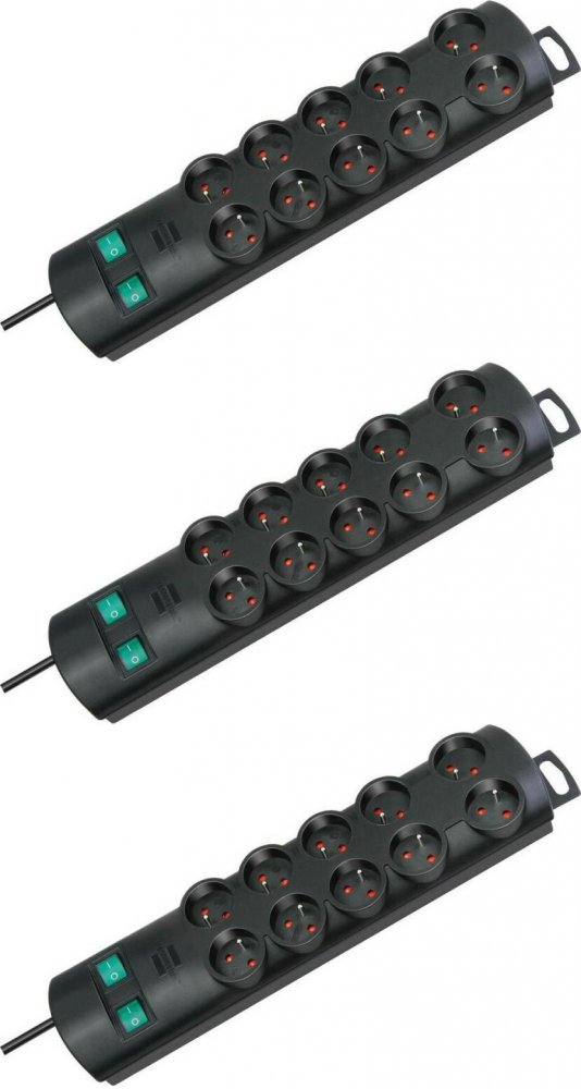 3x Listwa zasilająca z wyłącznikiem Brennenstuhl Primera Line, 2m, 10 gniazd, czarny