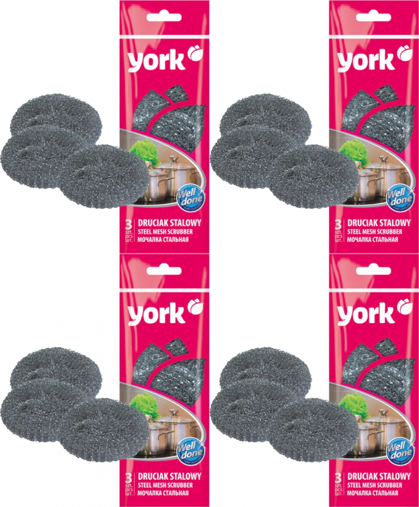 4x Druciak stalowy York, 3 sztuki, srebrny