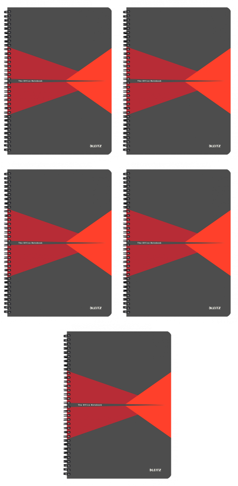 5x Kołonotatnik Leitz Office, A4, w kratkę, 90 kartek, okładka PP, szaro-czerwony