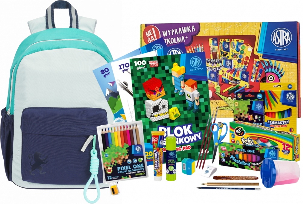 Zestaw: Plecak szkolny Oxford Funky, turkusowo-granatowy + Wyprawka szkolna dla klas 1-3 Astra Pixel One (L), 21 elementów