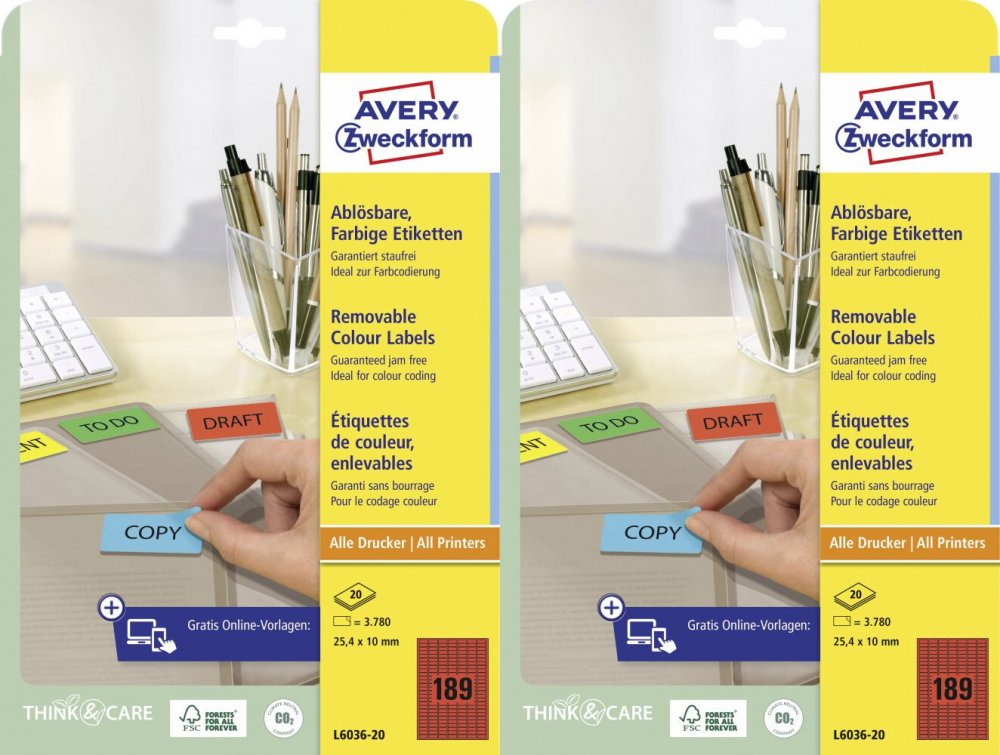 2x Etykiety usuwalne Avery Zweckform, 25.4x10mm, 20 arkuszy, czerwony