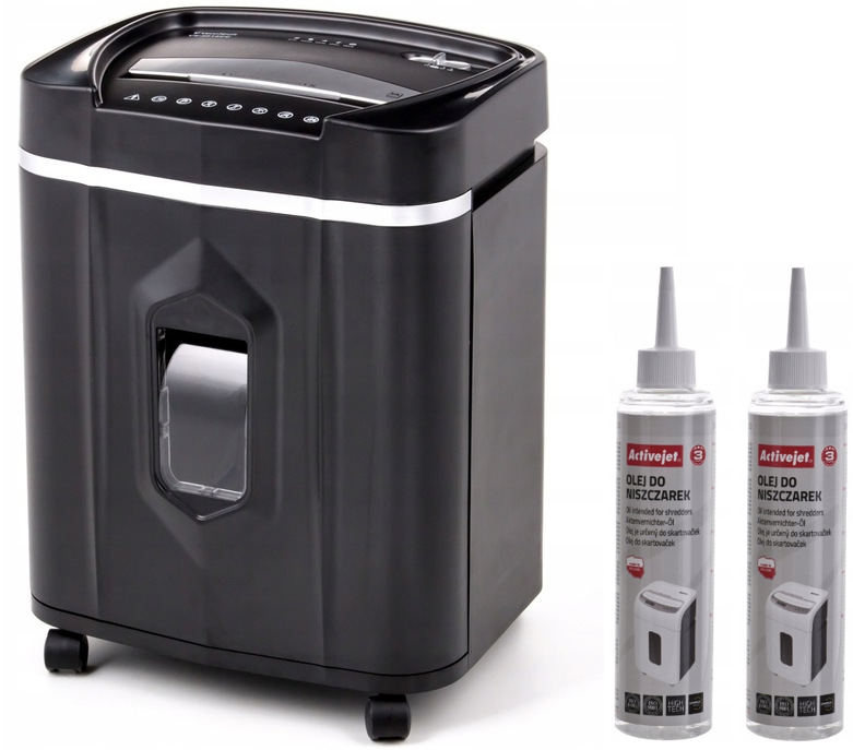 Zestaw Niszczarka VeroTech VS-2014CC, ścinek 4x12mm, 14 kartek, P-4/O-3/T-4/E-3/F-1 DIN, czarny + 2x Olej do niszczarek Activejet ASO-250, 250ml